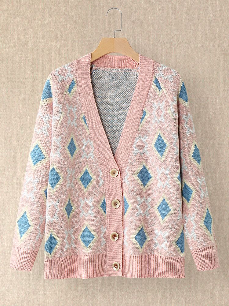 Femmes Argyle Pattern Géométrique Tricoté Casual Animated Button Cardigan