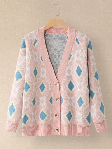 Femmes Argyle Pattern Géométrique Tricoté Casual Animated Button Cardigan