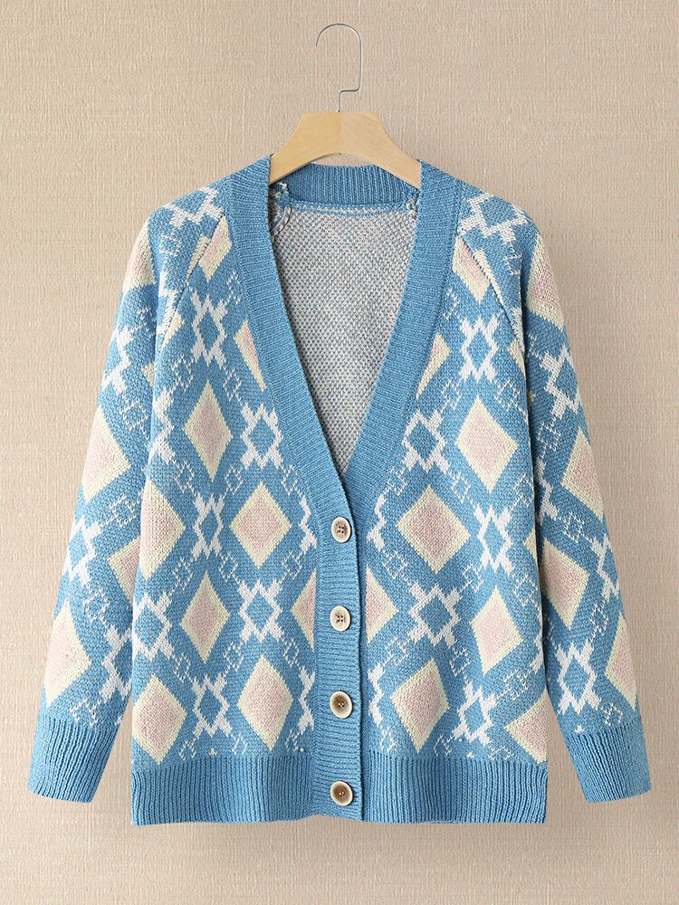 Femmes Argyle Pattern Géométrique Tricoté Casual Animated Button Cardigan