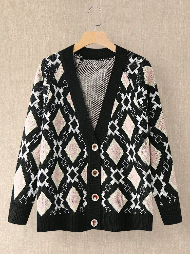 Femmes Argyle Pattern Géométrique Tricoté Casual Animated Button Cardigan