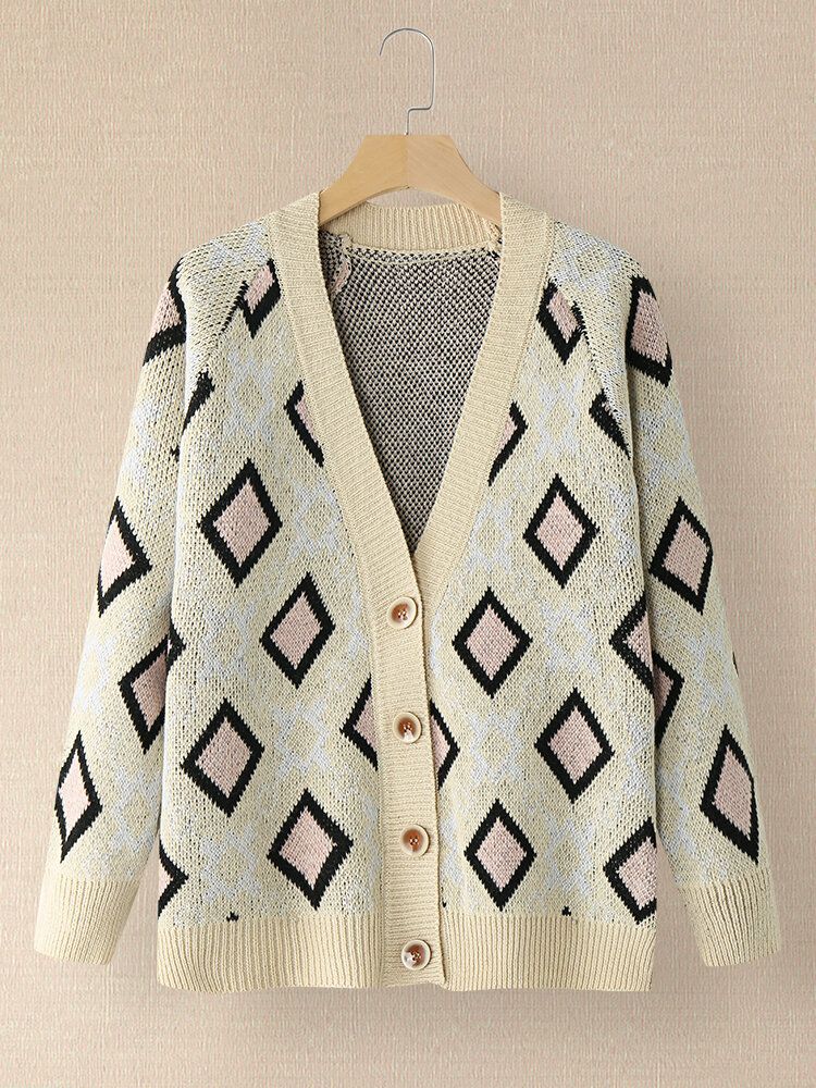 Femmes Argyle Pattern Géométrique Tricoté Casual Animated Button Cardigan