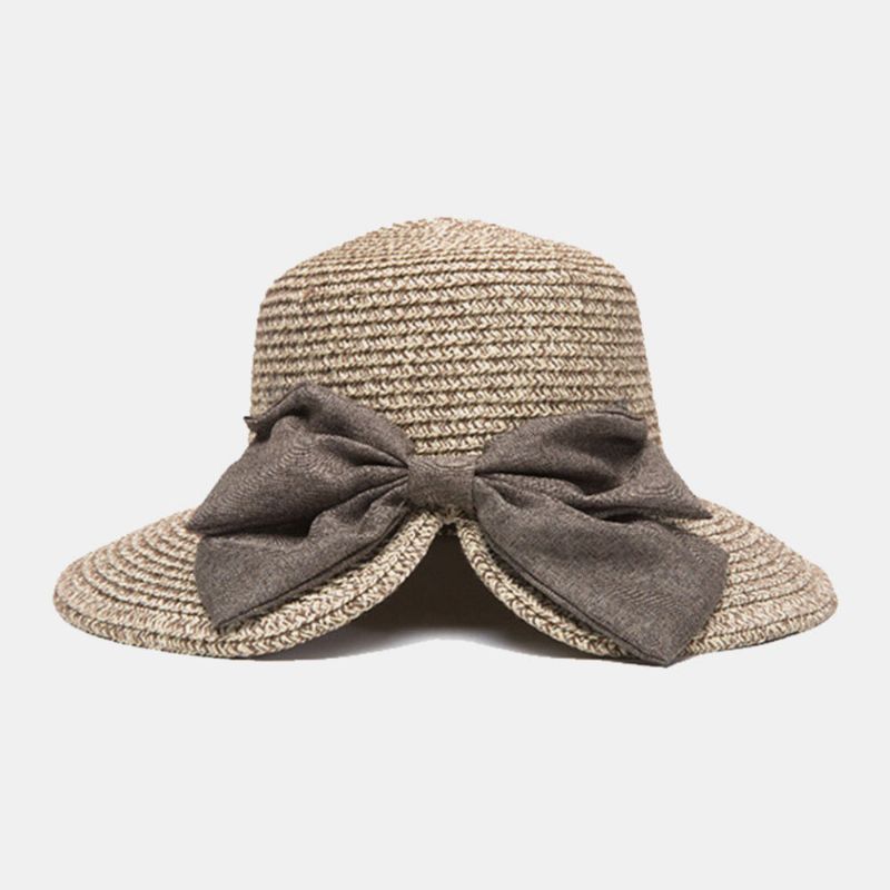 Femmes Arrière Split Conception Tridimensionnelle Chapeau Brim Chapeau De Paille Grand Arc Décoration Pliable Respirant Extérieur Casual Parasol Seau Chapeau