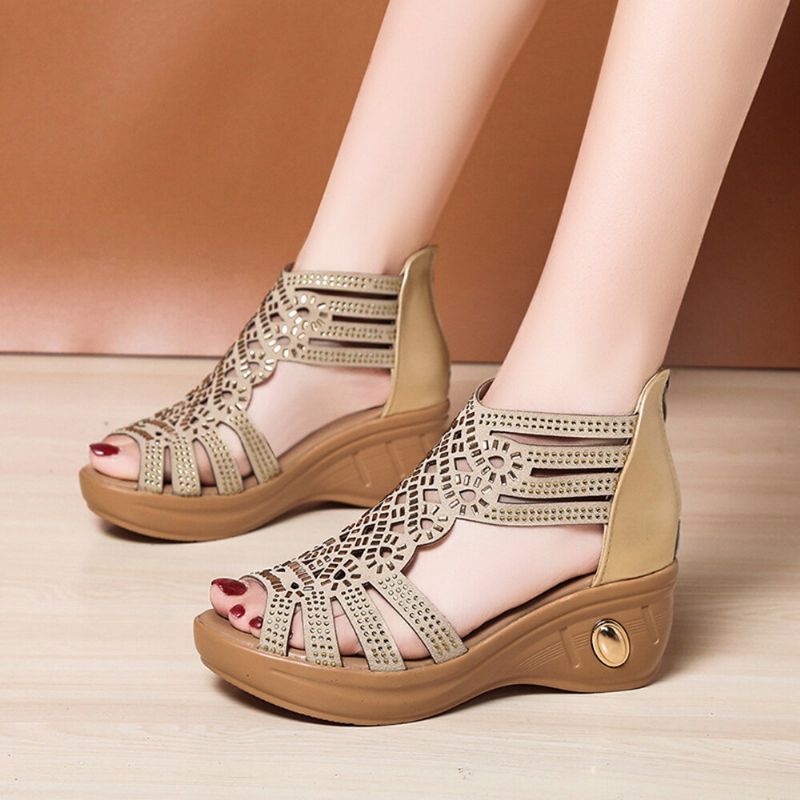 Femmes Back-zip Soft Comfy Respirant Hollow Rhinestone Wedges Sandals