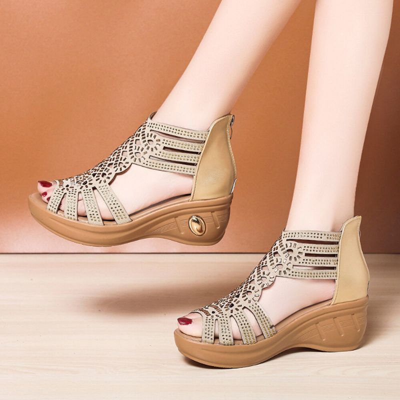 Femmes Back-zip Soft Comfy Respirant Hollow Rhinestone Wedges Sandals