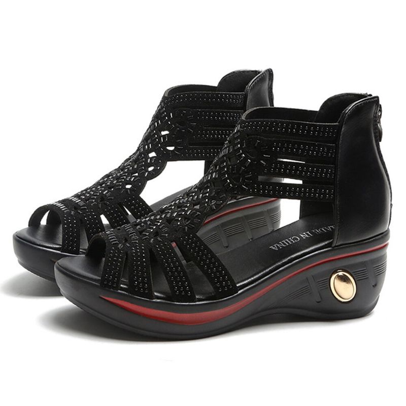 Femmes Back-zip Soft Comfy Respirant Hollow Rhinestone Wedges Sandals