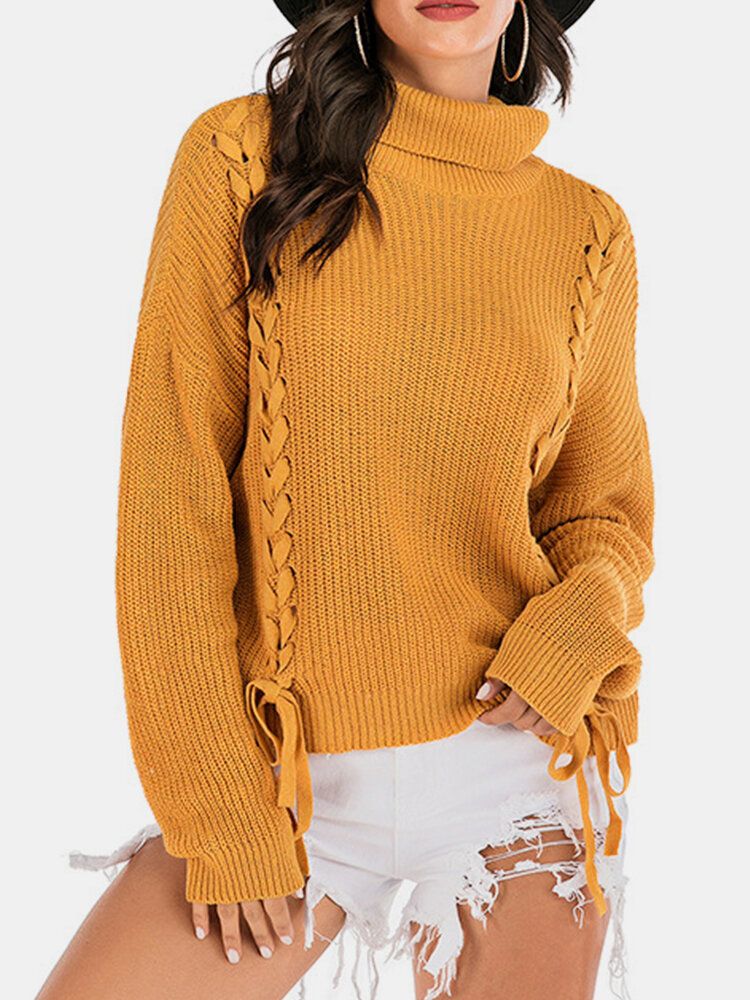 Femmes Bandage Col Haut Pull Chaud Jaune Pulls À Tricoter