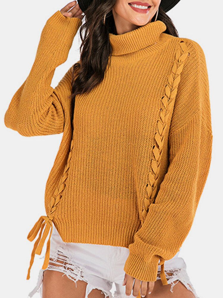 Femmes Bandage Col Haut Pull Chaud Jaune Pulls À Tricoter