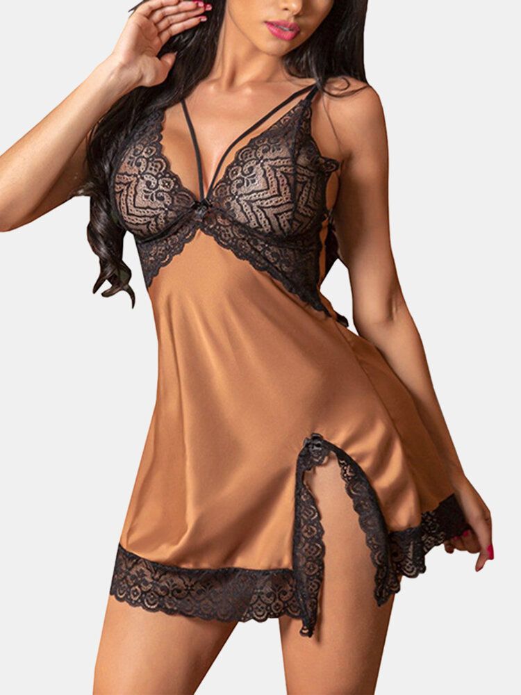 Femmes Blackless Side Split Faux Silk Lace Plunge Trim Chemises Chemises De Nuit