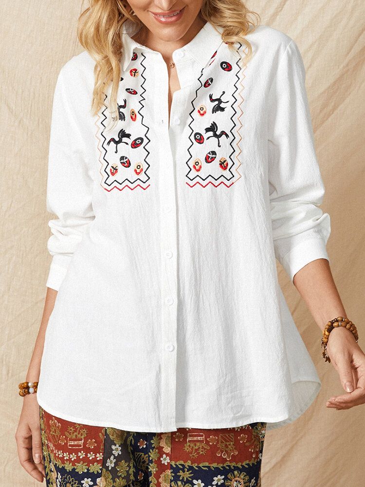 Femmes Blanc Revers Ethnique Broderie Quotidien Casual Chemises À Manches Longues