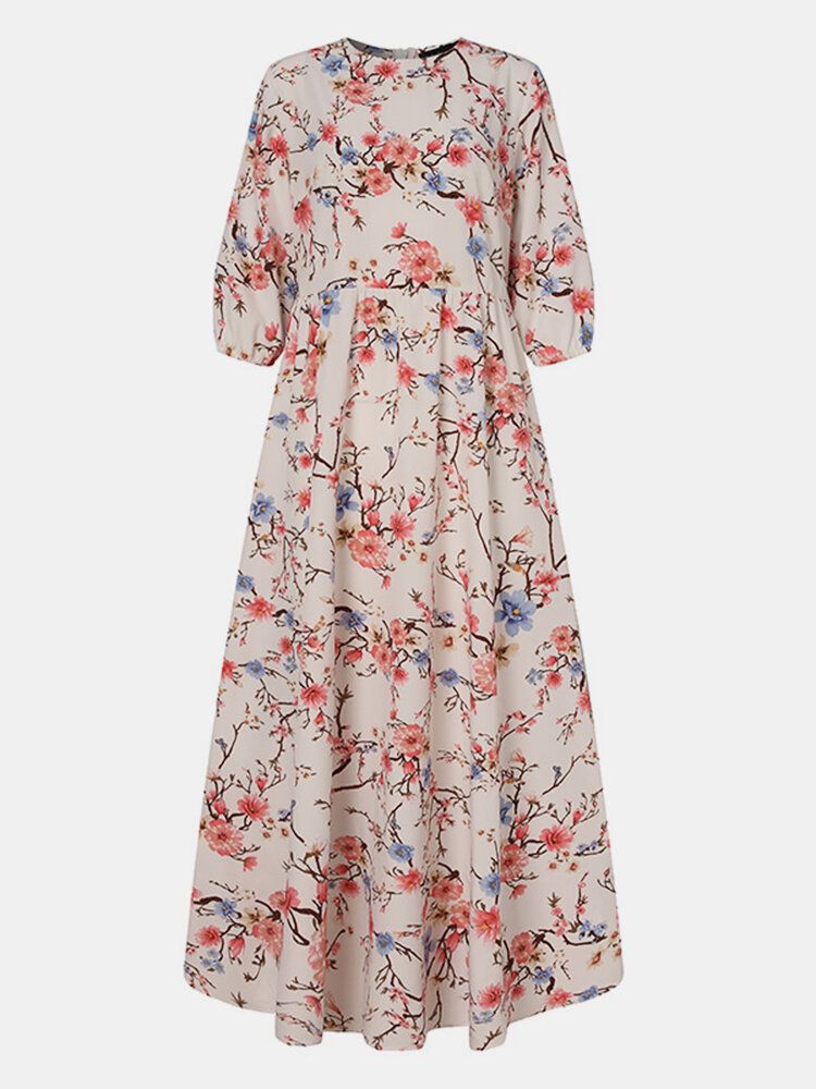 Femmes Bohême Floral Print O-cou Casual Demi Manches Vacances Maxi Robes