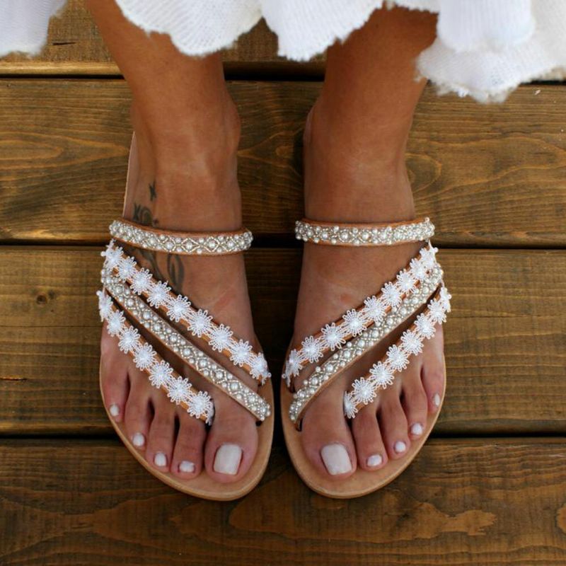 Femmes Bohême Perles Slip On Casual Plage Été Sandales Plates