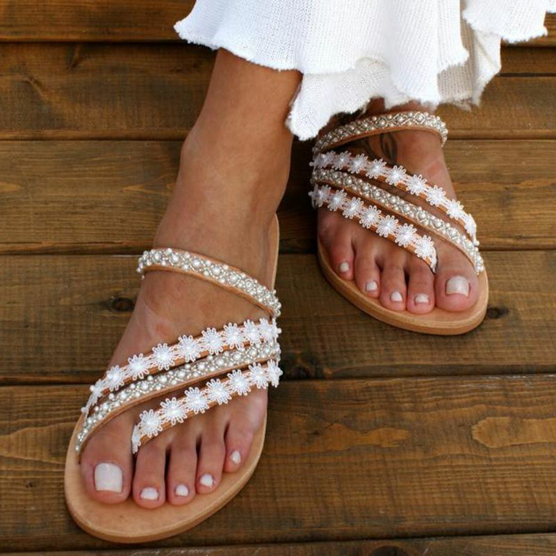 Femmes Bohême Perles Slip On Casual Plage Été Sandales Plates