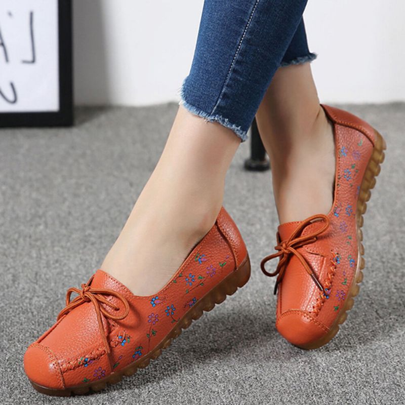 Femmes Bowknot Fleurs Impression Confortable Antidérapant Semelle Souple Casual Mocassins En Cuir