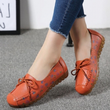 Femmes Bowknot Fleurs Impression Confortable Antidérapant Semelle Souple Casual Mocassins En Cuir