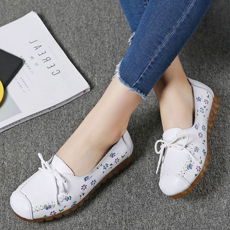 Femmes Bowknot Fleurs Impression Confortable Antidérapant Semelle Souple Casual Mocassins En Cuir