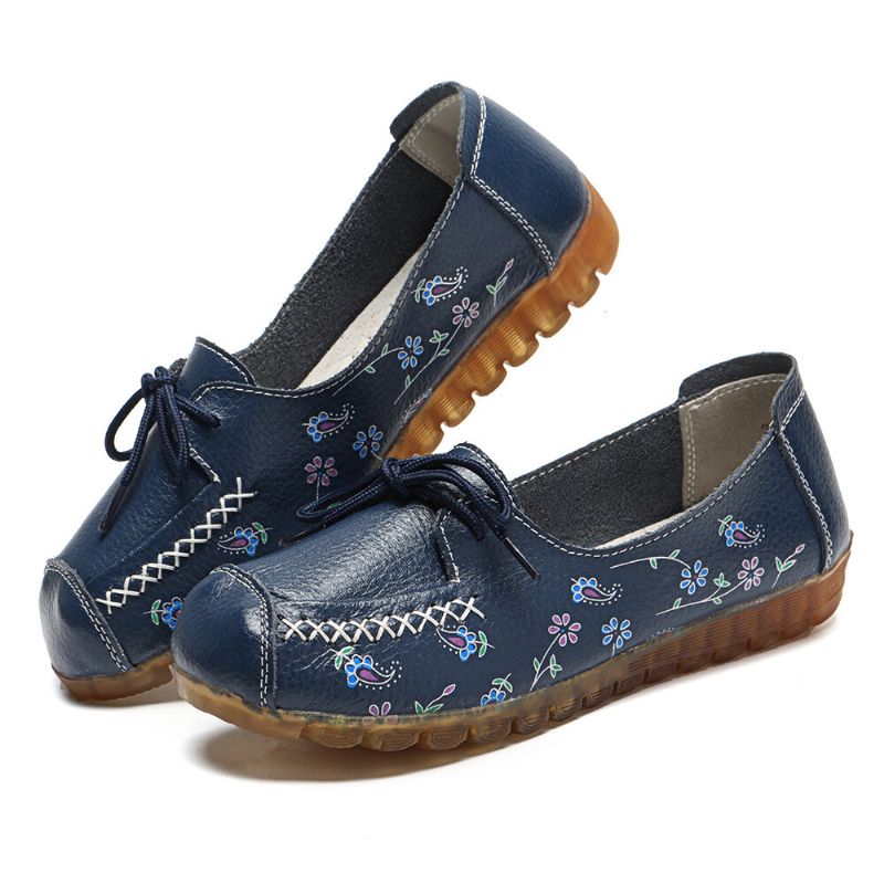 Femmes Bowknot Fleurs Impression Confortable Antidérapant Semelle Souple Casual Mocassins En Cuir