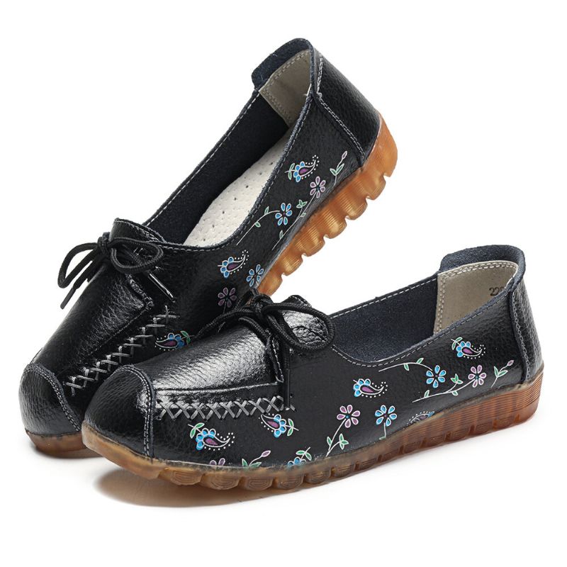 Femmes Bowknot Fleurs Impression Confortable Antidérapant Semelle Souple Casual Mocassins En Cuir