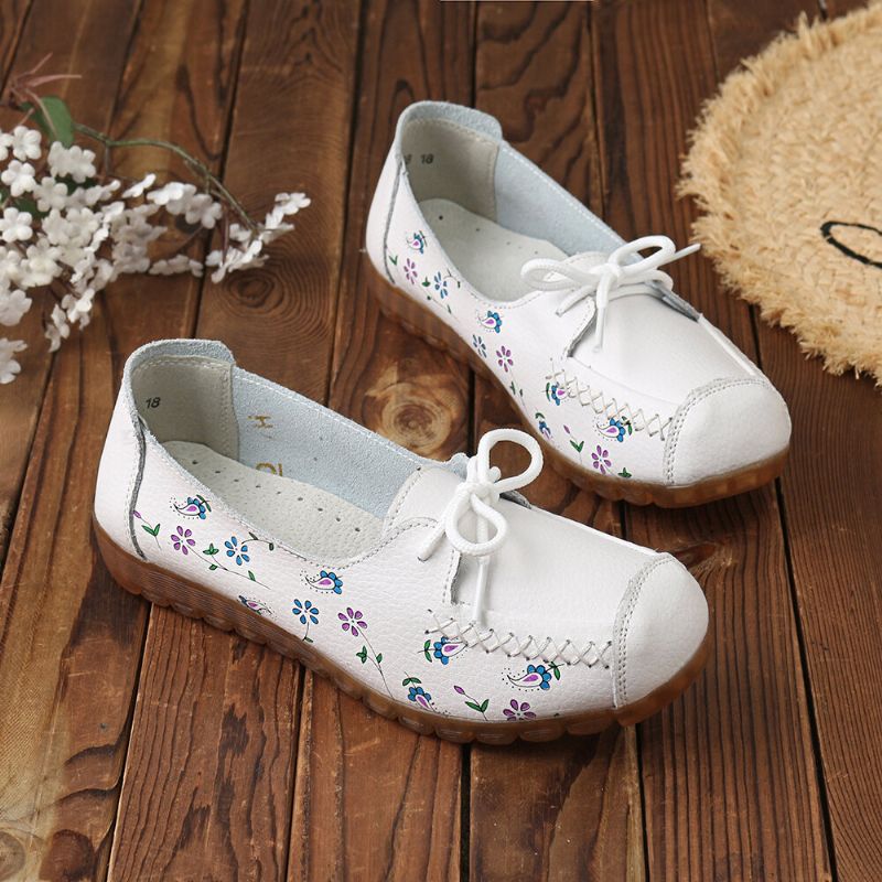 Femmes Bowknot Fleurs Impression Confortable Antidérapant Semelle Souple Casual Mocassins En Cuir