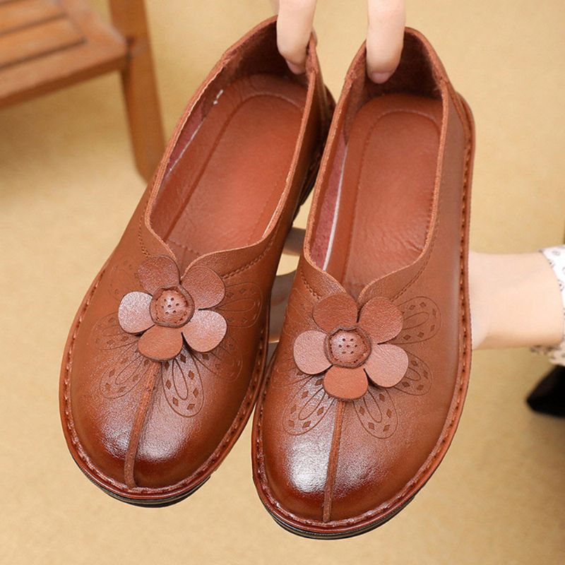 Femmes Brief Vintage Floral Pattern Round Toe Soft Sole Comfy Flats