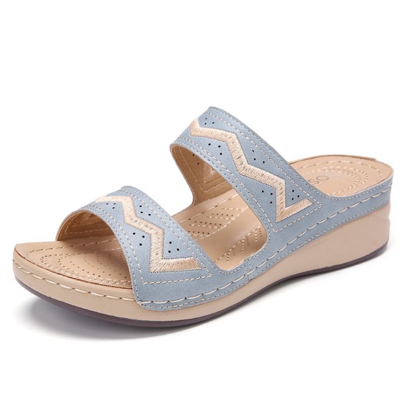 Femmes Broderie Bout Ouvert Slip On Casual Confortable Été Sandales Compensées