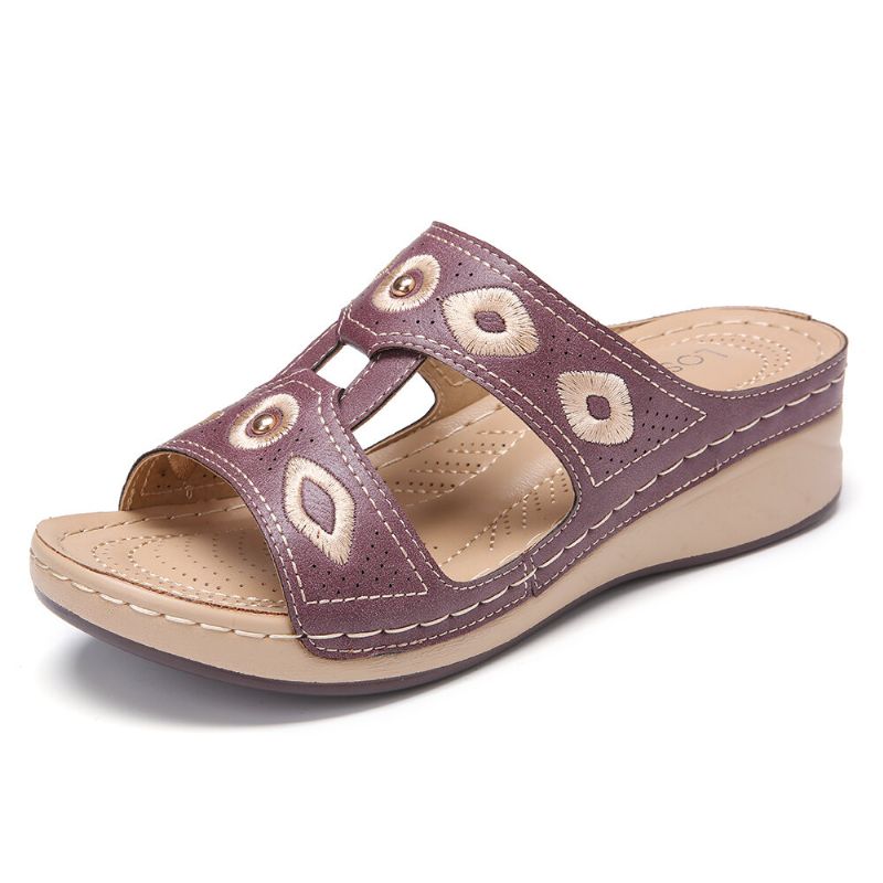 Femmes Broderie Bout Ouvert Slip On Comfy Casual Sandales Compensées