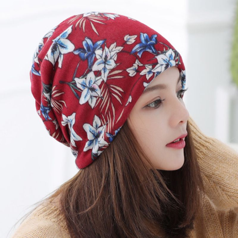 Femmes Cachemire Coloré Motif Floral Casual Double Usage Cou Protection Brimless Bonnet Tricoté Chapeau