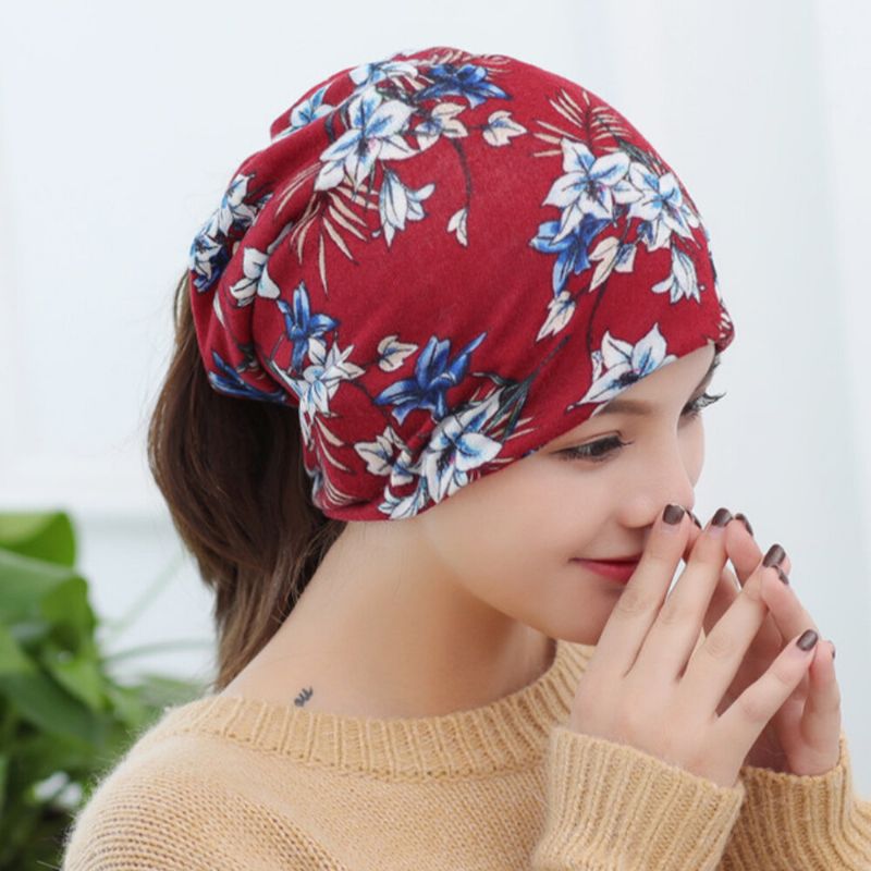 Femmes Cachemire Coloré Motif Floral Casual Double Usage Cou Protection Brimless Bonnet Tricoté Chapeau