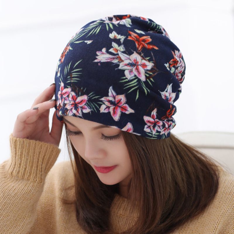 Femmes Cachemire Coloré Motif Floral Casual Double Usage Cou Protection Brimless Bonnet Tricoté Chapeau