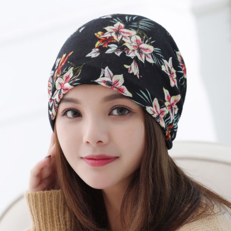 Femmes Cachemire Coloré Motif Floral Casual Double Usage Cou Protection Brimless Bonnet Tricoté Chapeau