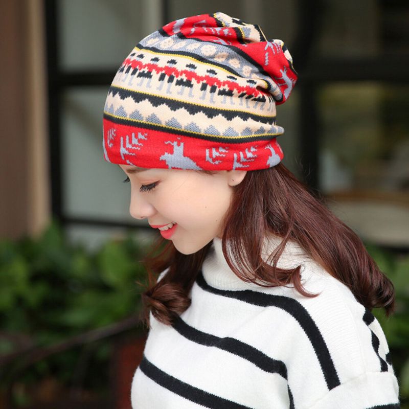 Femmes Cachemire Double Usage Style Ethnique Motif Contraste Couleur Garder Au Chaud Extérieur Bonnet Turban Écharpe