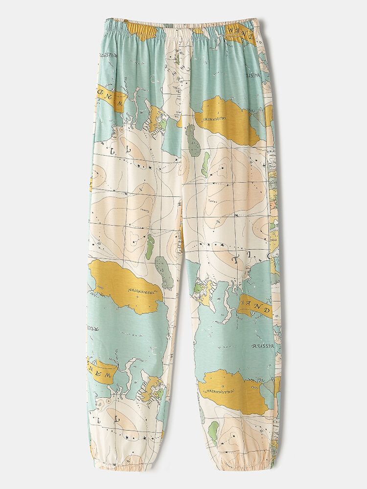 Femmes Carte Du Monde Imprimer Col Rond Taille Élastique Jogger Pantalon Maison Pyjama Ensemble