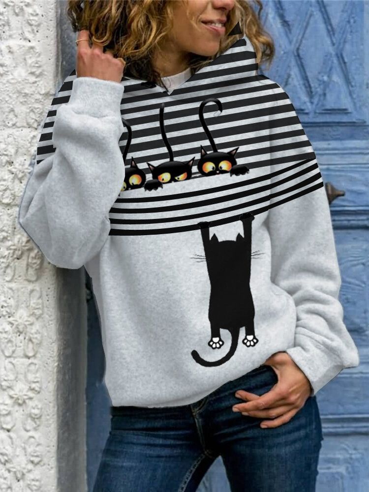 Femmes Cartoon Cat Stripe Print Daily Casual Sweats À Capuche À Manches Longues