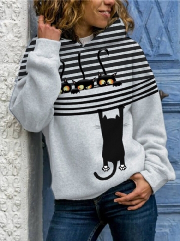 Femmes Cartoon Cat Stripe Print Daily Casual Sweats À Capuche À Manches Longues