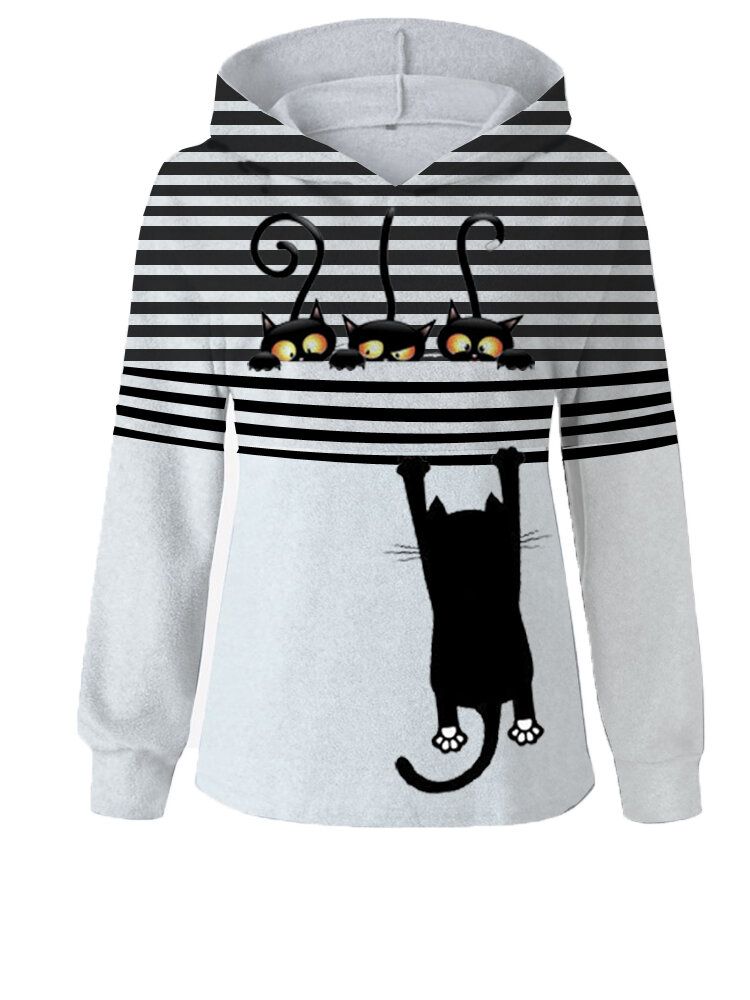 Femmes Cartoon Cat Stripe Print Daily Casual Sweats À Capuche À Manches Longues