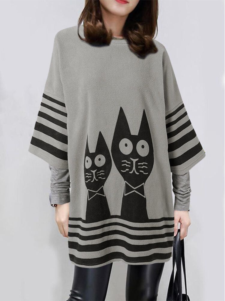 Femmes Cartoon Cat Stripe Print Patchwork Robes Amples