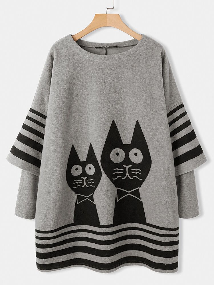 Femmes Cartoon Cat Stripe Print Patchwork Robes Amples