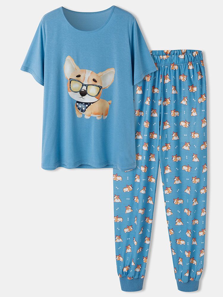 Femmes Cartoon Dog Print Short Sleeves Cute Cuffed Pants Pyjamas Sets