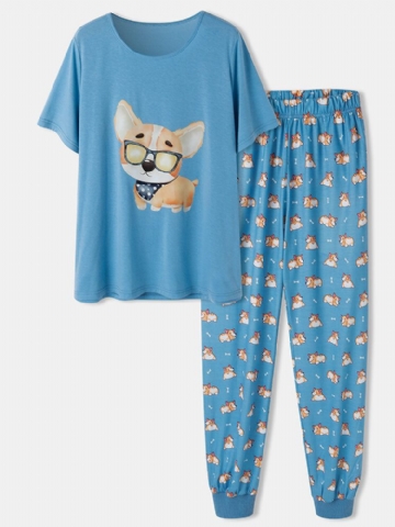 Femmes Cartoon Dog Print Short Sleeves Cute Cuffed Pants Pyjamas Sets