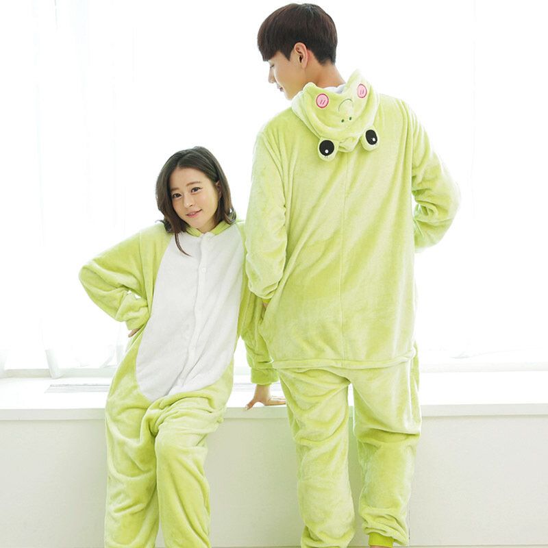 Femmes Cartoon Grenouille Coral Fleece Comfy Zipper Animal Onesie Hooded Jumpsuits