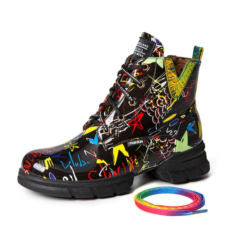 Femmes Casual Graffiti Stytish Lace Up Fond Épais Bottes De Combat À Mollet Court