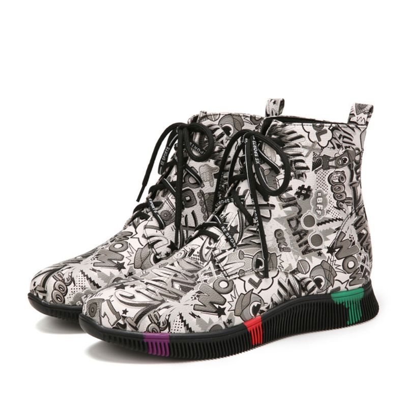 Femmes Casual Letter Graffiti Printing Multicolore Lace Up Short Combat Boots