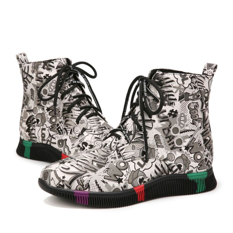 Femmes Casual Letter Graffiti Printing Multicolore Lace Up Short Combat Boots