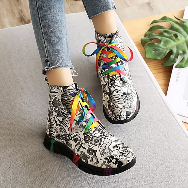 Femmes Casual Letter Graffiti Printing Multicolore Lace Up Short Combat Boots