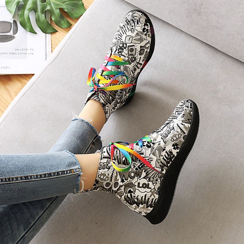 Femmes Casual Letter Graffiti Printing Multicolore Lace Up Short Combat Boots