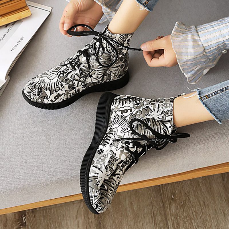 Femmes Casual Letter Graffiti Printing Multicolore Lace Up Short Combat Boots