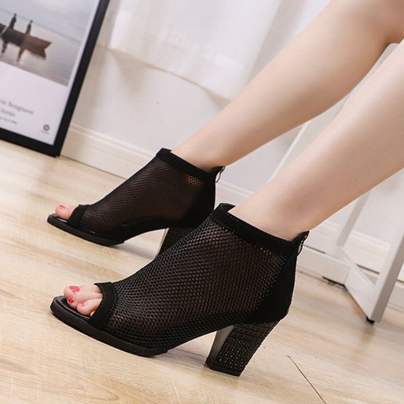 Femmes Casual Mesh Respirant Chunky Heel Hollow Out Peep-toe Pumps Chaussures