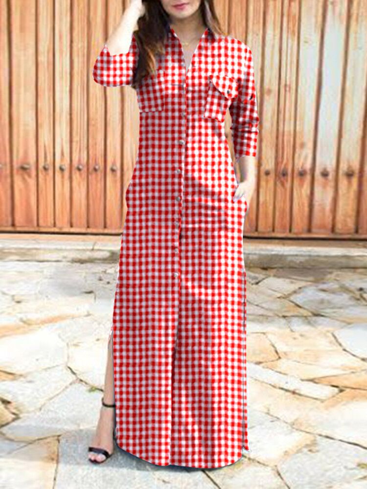 Femmes Casual Plaid Fork Pocket Long Sleeve Leisure Daily Maxi Dress