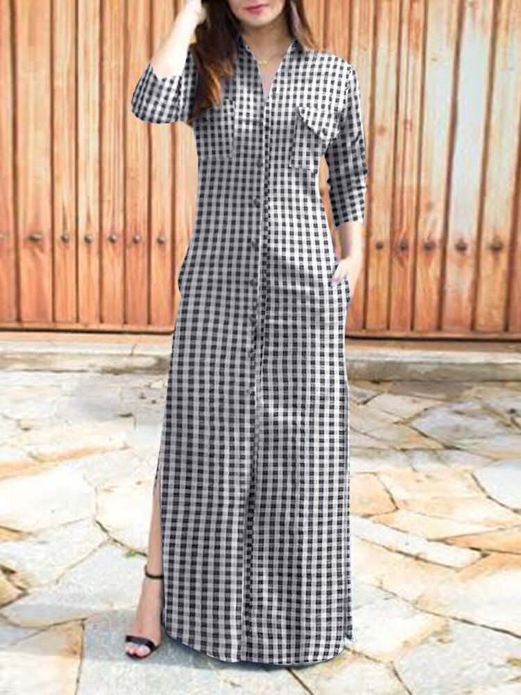 Femmes Casual Plaid Fork Pocket Long Sleeve Leisure Daily Maxi Dress