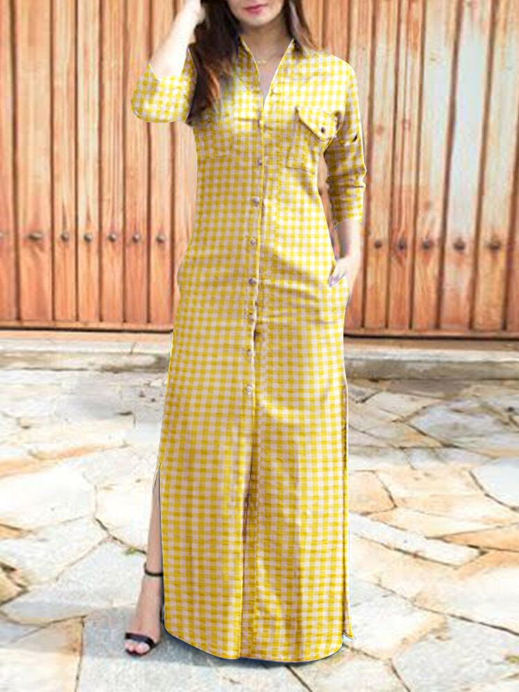 Femmes Casual Plaid Fork Pocket Long Sleeve Leisure Daily Maxi Dress