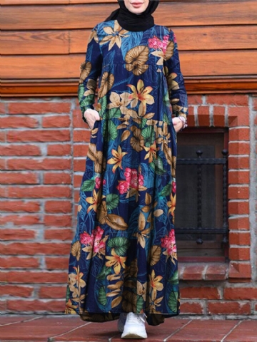 Femmes Casual Robe Kaftan Floral Loose Long Sleeve Outing Dress With Side Pockets